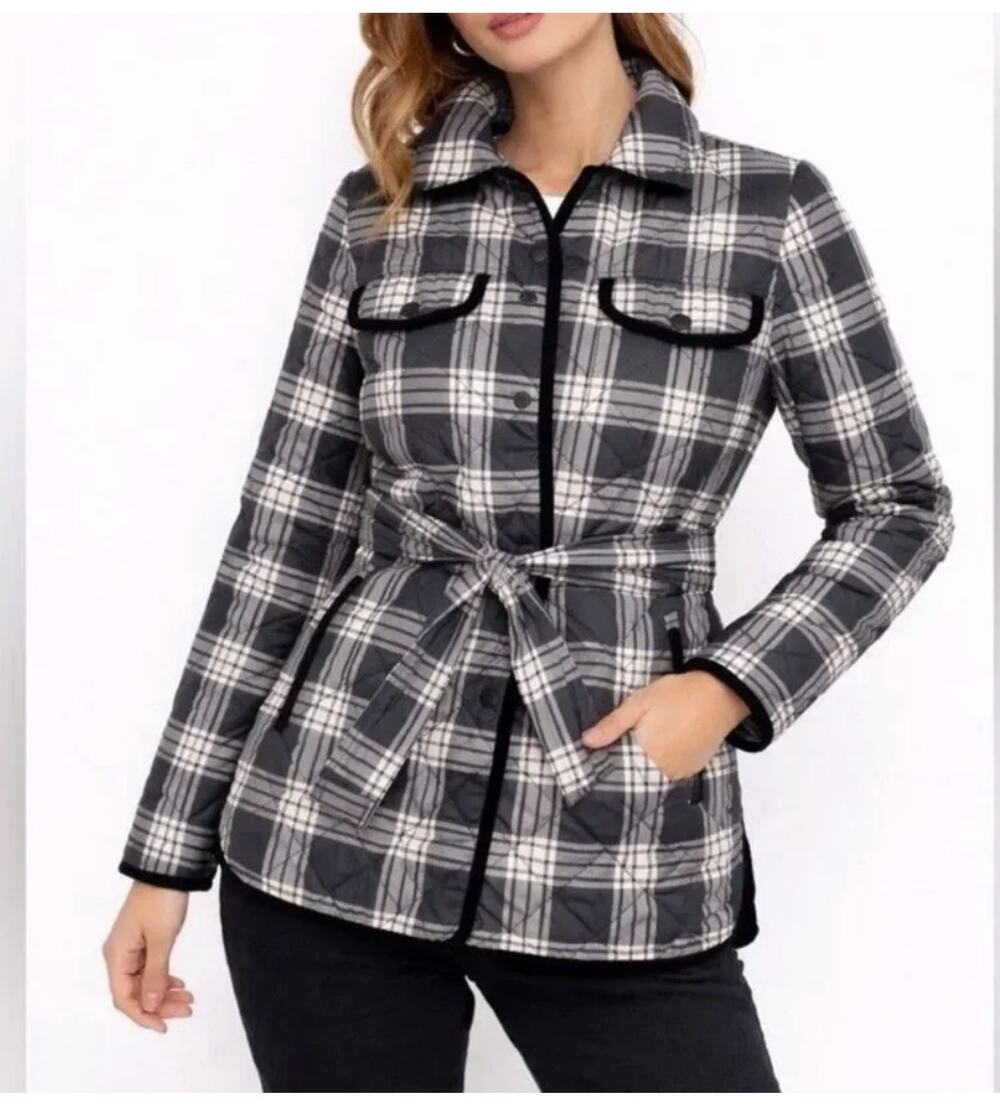 NEW  Talbots Tie Waist Quilted Shirt Jacket Black White Plaid Medium Petite